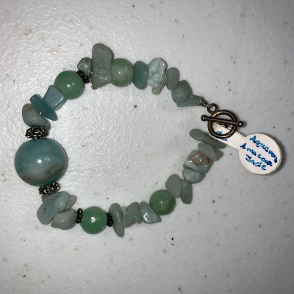 6 1/2" Aquamarine, Jade, Amazonite Beaded Bracelet - Picture 5 of 7